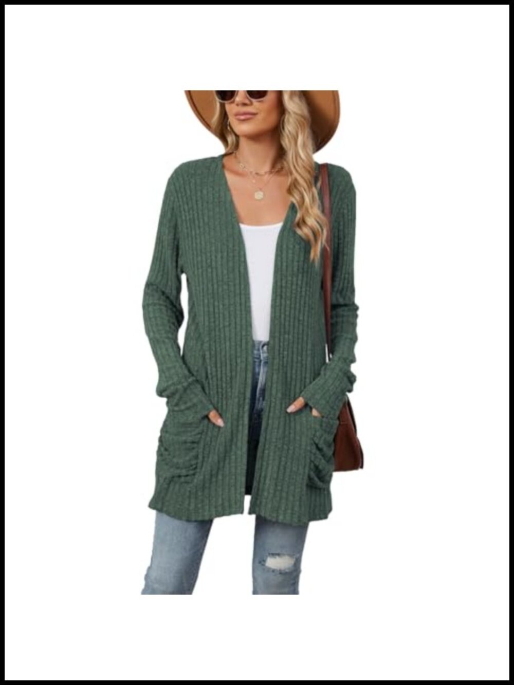 Oversized Open Front Ribbed Knit Cardigan with Pockets Long Sleeve - Picture 1 of 3